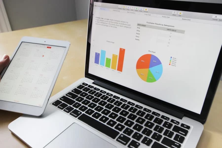 Spreadsheet dashboard with bar and pie charts summarizing campaign results